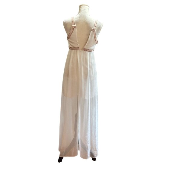 BCBGGeneration White Sheer Maxi Dress With Embroidered Trim Peasant Dress Size 0 - Picture 6 of 11